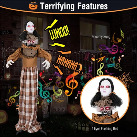 5.4ft Halloween Animatronic Witch - Scary Pop-Up Head, Sound Button Activation, 4 Flashing Red Eyes & Screeching Laugh