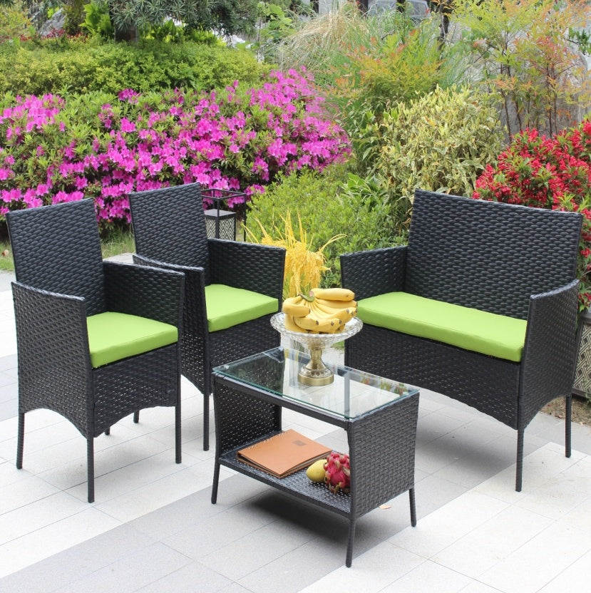 US Local 4PC Rattan Patio Furniture Set Outdoor Wicker Sofa W  Green Cushions