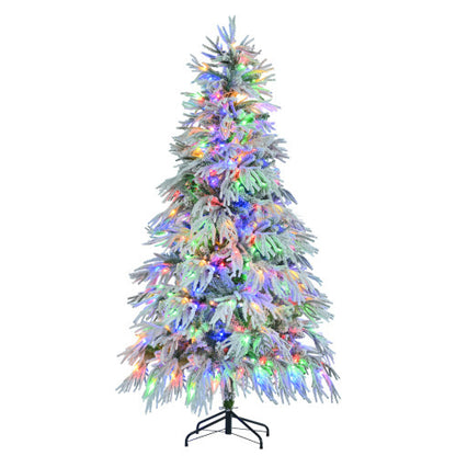 6FT Pre-Lit Spruce Snow Flocked Christmas Tree, Artificial Hinged Xmas Tree With 300 Multi-Color LED Lights, 8 Flashing Modes &790 Snow Branch Tips, Holiday Office Home Decor