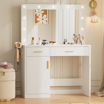 US Local Mirror And Lights, Makeup Vanity Table With Charging Station , 2 Drawers & Large Cabinet, 3 Lighting Color Adjustable, Dressing Table