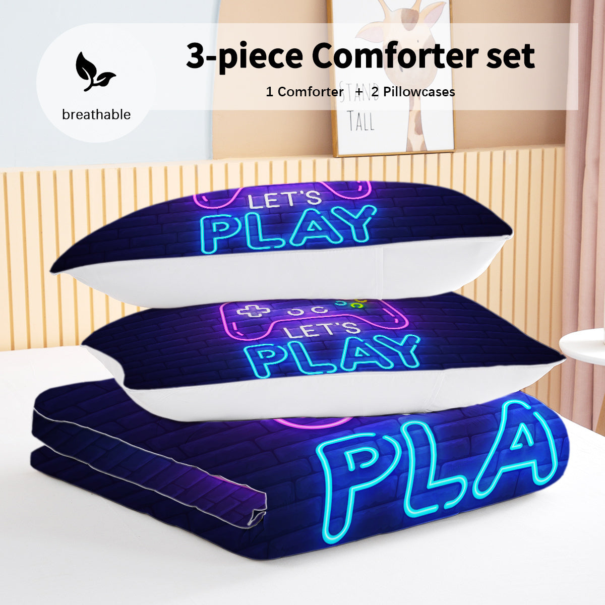 US Local 3 Pieces Neon Game Pattern Comforter Set Ultra Soft Bedding Set