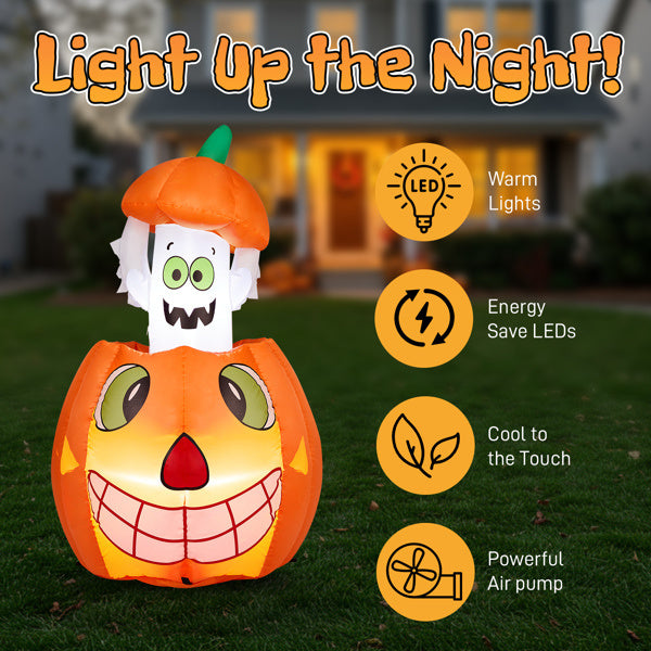 2.8 FT Halloween Inflatables Animated Pumpkin Ghost, Outdoor Decorations Blow Up Yard Decor With Built-in LEDs For Indoor Party Garden Lawn Decor