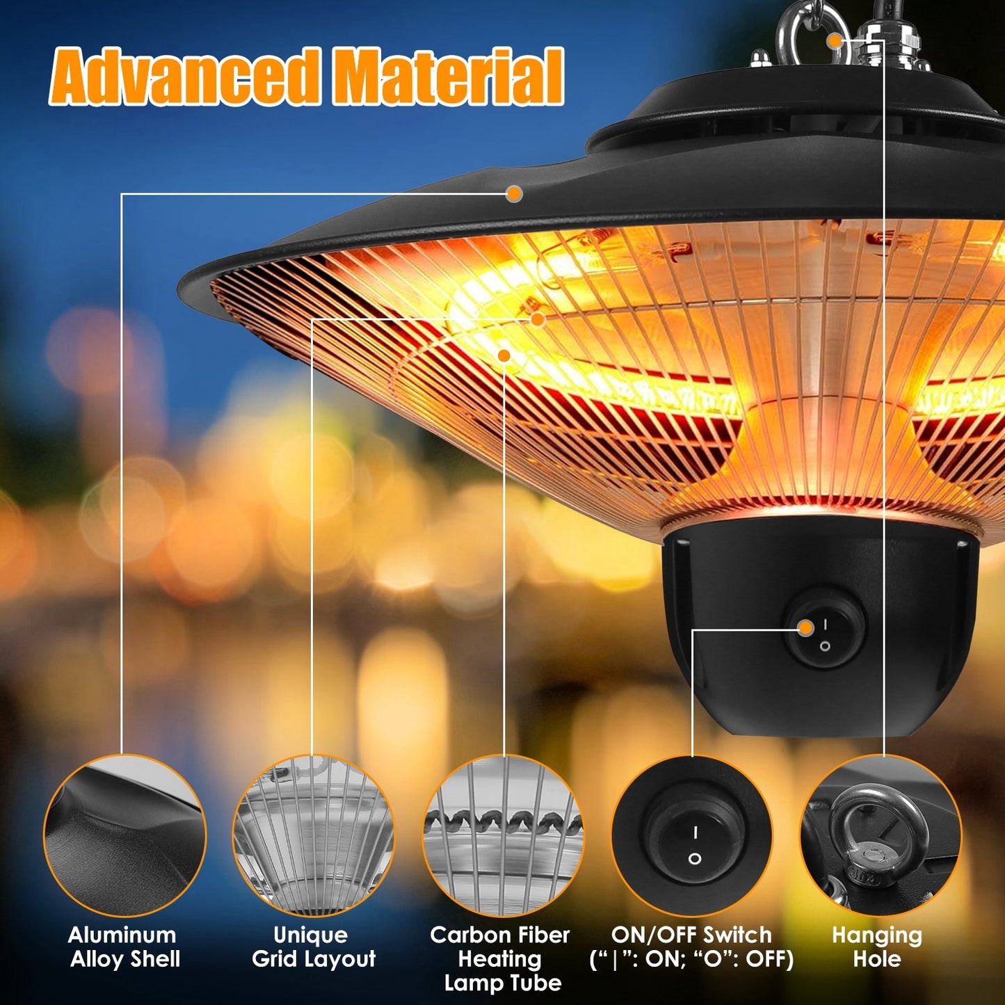 US Local 1500W Outdoor Patio Heater Electric Hanging Heated Ceiling Mounted Heating Lamp IP23 Waterproof With 3 Heating Levels 30Mins 60Mins Timer 2 Remote Control For Garage Balcony Courtyard