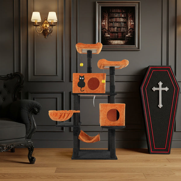 Halloween Cat Tree, Large Cat Tower With 2 Spacious Cat Condos, 2 Padded Perches, 2 Hammocks, Scratching Posts, Hanging Toy, Multi-Level Cat Activities Furniture For Large Cats, Orange & Black