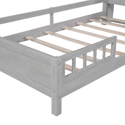 US Local Wood Twin Size Platform Bed With Built-in LED Light, Storage Headboard And Guardrail, Antique Grey