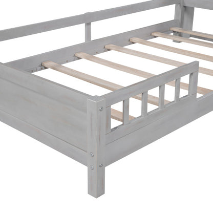 US Local Wood Twin Size Platform Bed With Built-in LED Light, Storage Headboard And Guardrail, Antique Grey