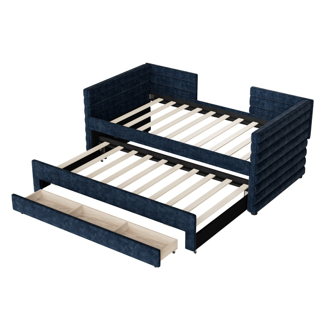 US Local Twin Size Upholstered Daybed With Trundle And 3 Storage Drawers, Chenille Fabric Sofa Bed For Guest Room, Living Room, Space-Saving Modern Day Bed Frame, No Box Spring Needed