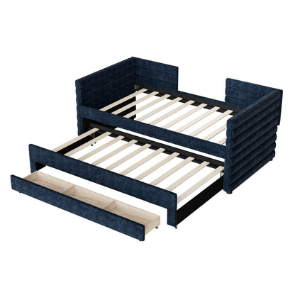 US Local Twin Size Upholstered Daybed With Trundle And 3 Storage Drawers, Chenille Fabric Sofa Bed For Guest Room, Living Room, Space-Saving Modern Day Bed Frame, No Box Spring Needed