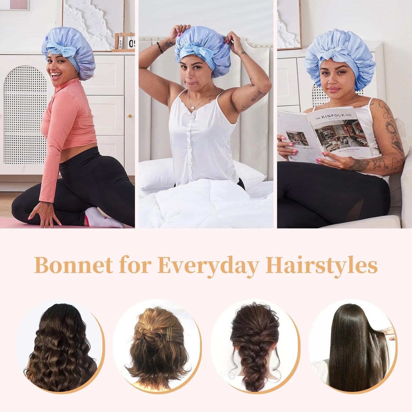 US Local Silk Bonnet For Sleeping Women, Satin Hair Bonnet For Sleeping For Wavy Curly Natural Hair Women Men - Blue