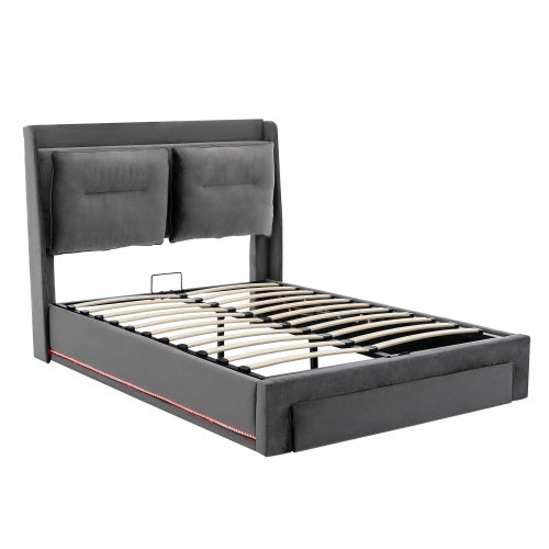 UK Local Upholstered Bed, 135x190  4ft6, Double Bed, Hydraulic Bed, 2-in-1 Storage Drawers At The End Of The Bed, Recessed LED Light Strips On Both Sides Of The Bed, Slatted Frame, Velvet,Dark Gray
