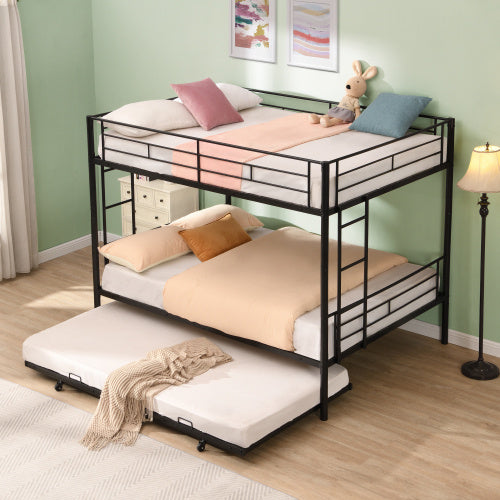 US Local Full Over Full With Trundle Metal Bunk Bed , No Box Spring Needed, Easy Assemble