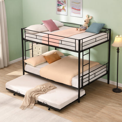 US Local Full Over Full With Trundle Metal Bunk Bed , No Box Spring Needed, Easy Assemble