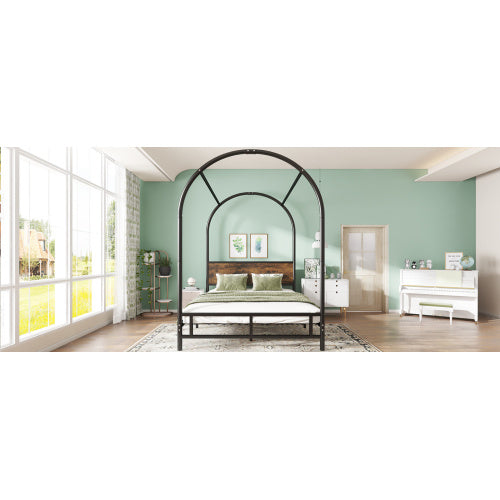 UK Local Metal Bed, 4ft6 Double Bed 135x190cm, Durable And Sturdy, Canopy Twin Bed, Iron Bed For Adults  Teenagers, Black Wood Color Bed Frame Only Drape Not Included