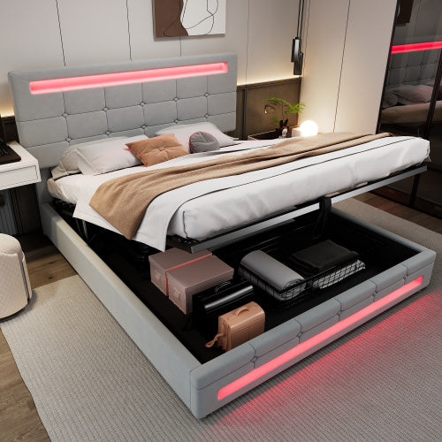 UK Local Upholstered Bed, Hydraulic Bed, Adults Teenagers 4ft6 Double Bed 135x190cm, Square Embellishment, With 7colors LED-light Strips, Velvet Iron, Grey