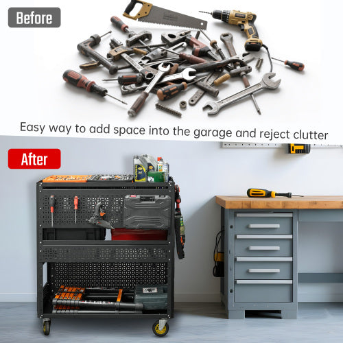 US Local 3-Tier DIY Detachable Utility Cart Storage Tool Cart With Steel Pegboard, Foldable Rolling Tool Cart With Wheels For Garage Organizer And Tool Storage