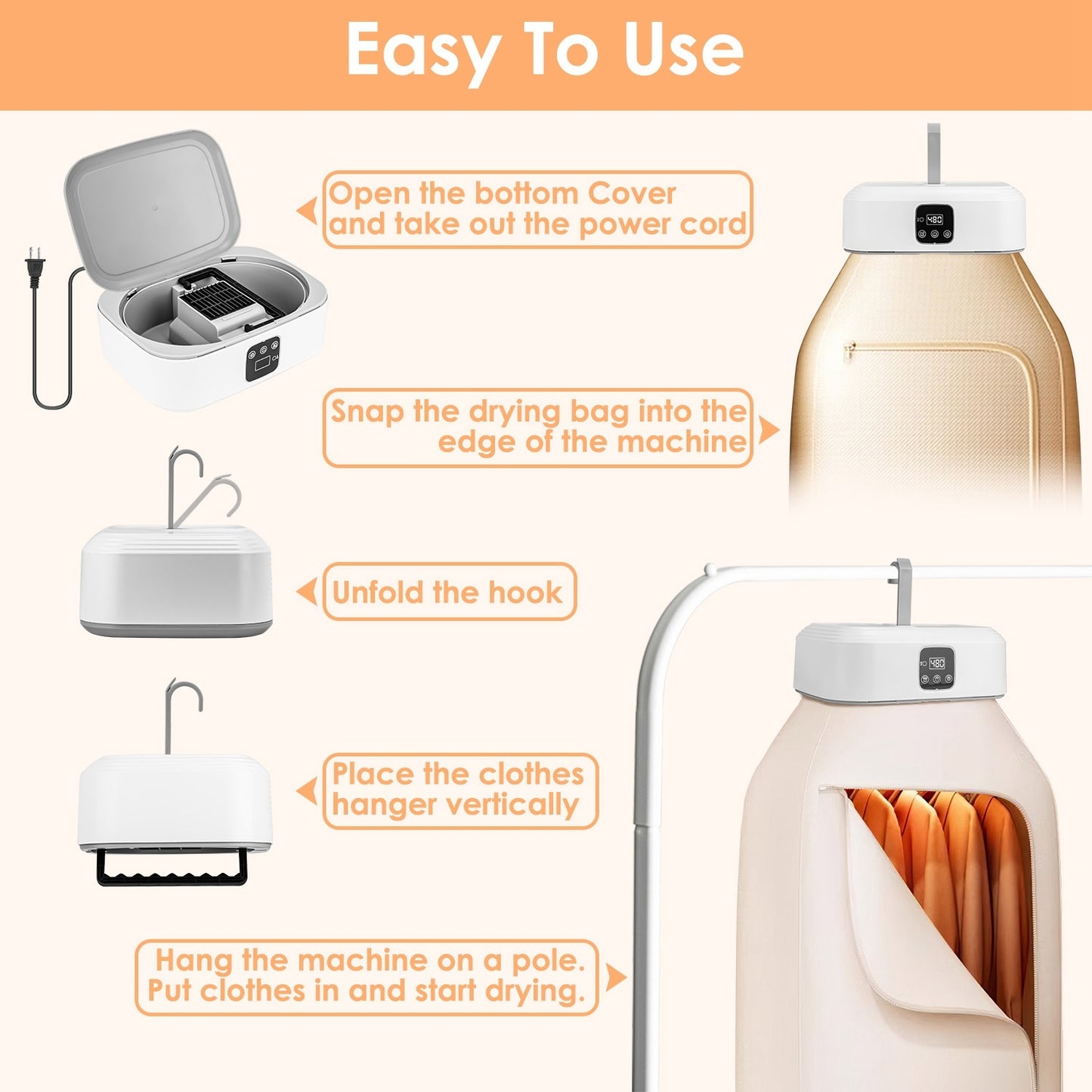 US Local 1Pc Portable Clothes Dryer Mini Dryer Foldable Dryer Machine With Timer UV Sterilization 2 Drying Modes Remote Control For Apartment Dorm RV Travel Home