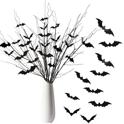 US Local Curly Willow Branches 29.5 Inch Artificial Bendable Stems Black Branches With 36Pcs Halloween Bat Stickers For Halloween Wreath Home Party Decorations