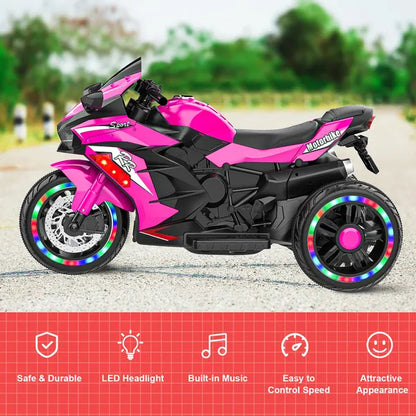 US Local Kids Powered Ride-ons Toy, Kids Motorcycle For 3-6 Years, 12V Electric Ride On Motorcycle With Light Wheel & Bluetooth Music-Pink