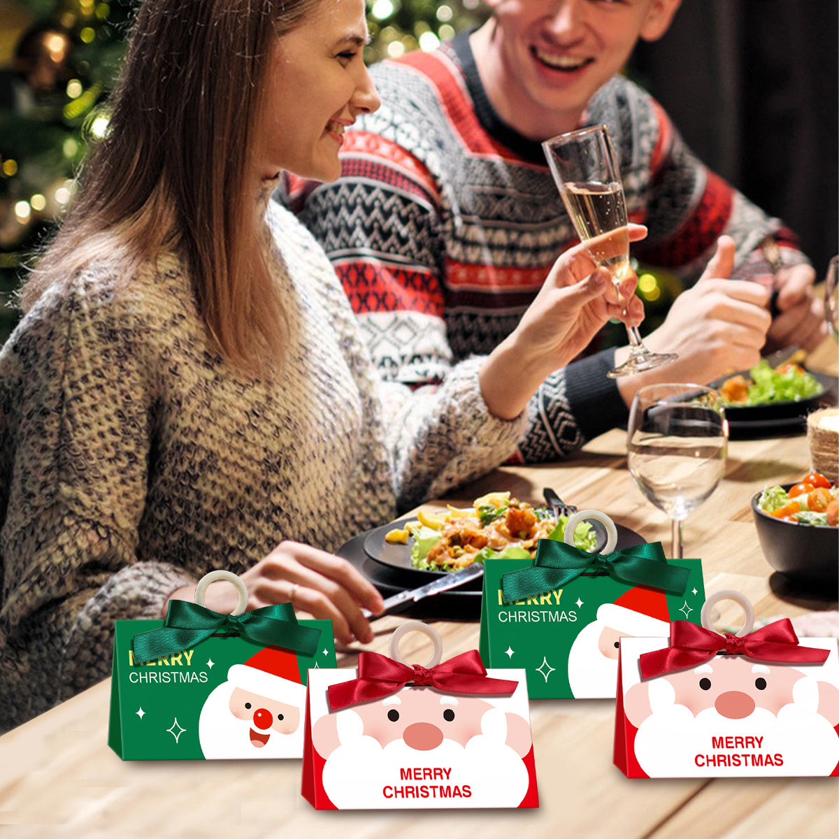 US Local 10 Pack Christmas Candy Boxes With Ribbon And Wooden Ring Merry Cartoon Paper Treat Boxes Christmas Santa Claus Pattern Cookie Goodies Box For Christmas Birthday Wedding Gift Wrapping Holiday Party Su