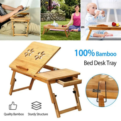 US Local Bamboo Laptop Desk Breakfast Serving Bed Tray Foldable Leg Multi-Position Adjustable Tilt Surface Bed Lap Tray