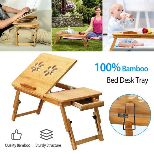 US Local Bamboo Laptop Desk Breakfast Serving Bed Tray Foldable Leg Multi-Position Adjustable Tilt Surface Bed Lap Tray