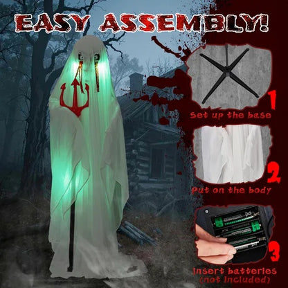 US Local 4.3ft Halloween Decorations Outdoor Life Size Animatronics Ghost With Trident, Sound-Actived Party Decor With Green Lights And Creepy Sound, Scary Haunted House Props For Garden Yard Lawn