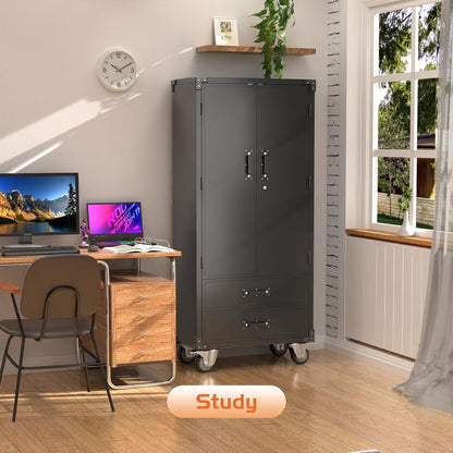US Local Rolling Storage Cabinet With 2 Doors And 2 Drawers, Metal Storage Cabinet With Doors And Shelves, Locking Steel Cabinet For Warehouse, Home, Office Black