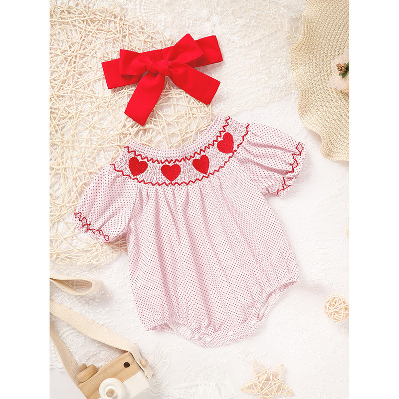 US Local Newborn Baby Girls' Valentine's Day Smocked Romper Short Sleeve Heart Embroidery Jumpsuit Casual Cute Romper