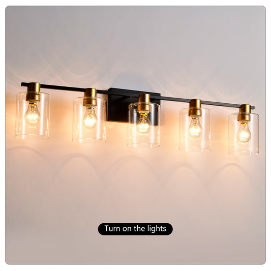 US Local 5-Light Matte Black Matte Gold Color Bathroom Light Fixtures, Modern Vanity Lights With Glass Shade, Vintage Light Fixture Bathroom Over Mirror Wall Lights For Kitchen Dinning Room Bedroom Hallway