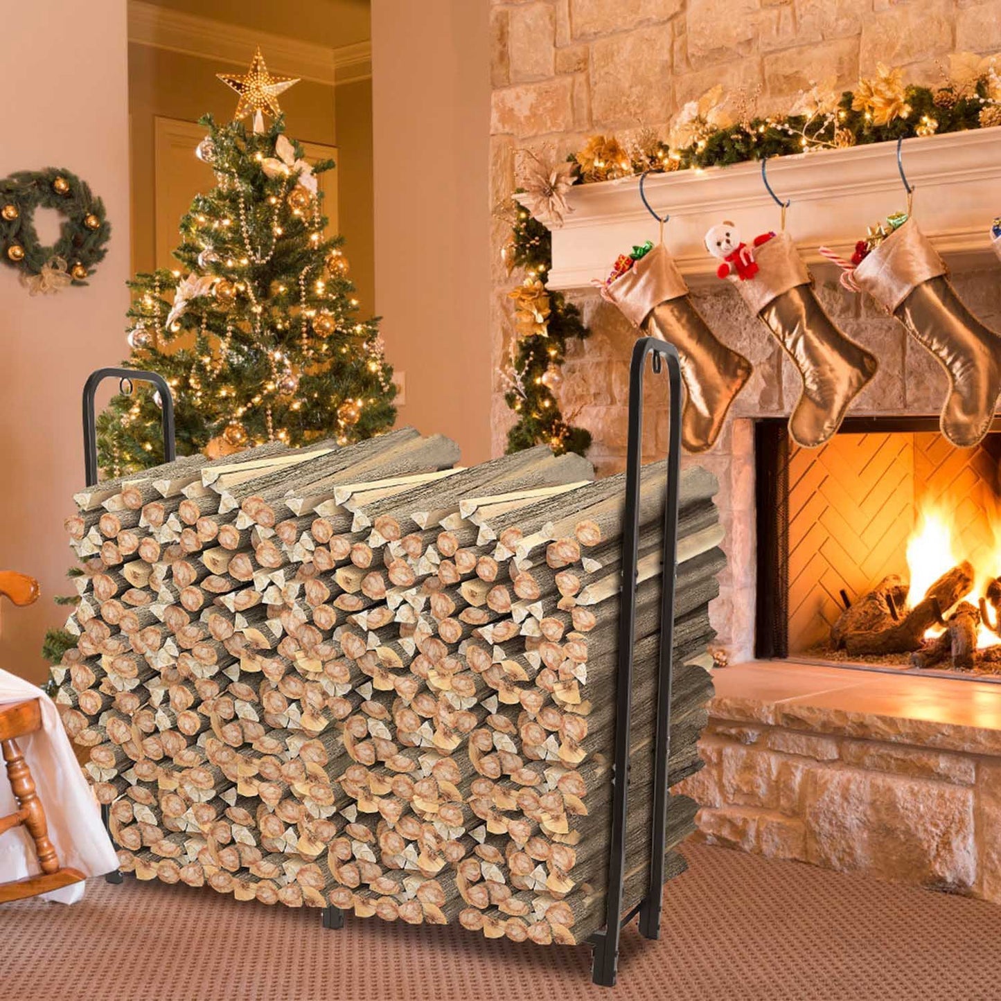 US Local 1 Pc Firewood Log Rack 2500LBS Iron Wood Lumber Storage Stacking Rack 4.03ft Heavy Duty Pile Lumber Storage Holder For Fireplace Firepit