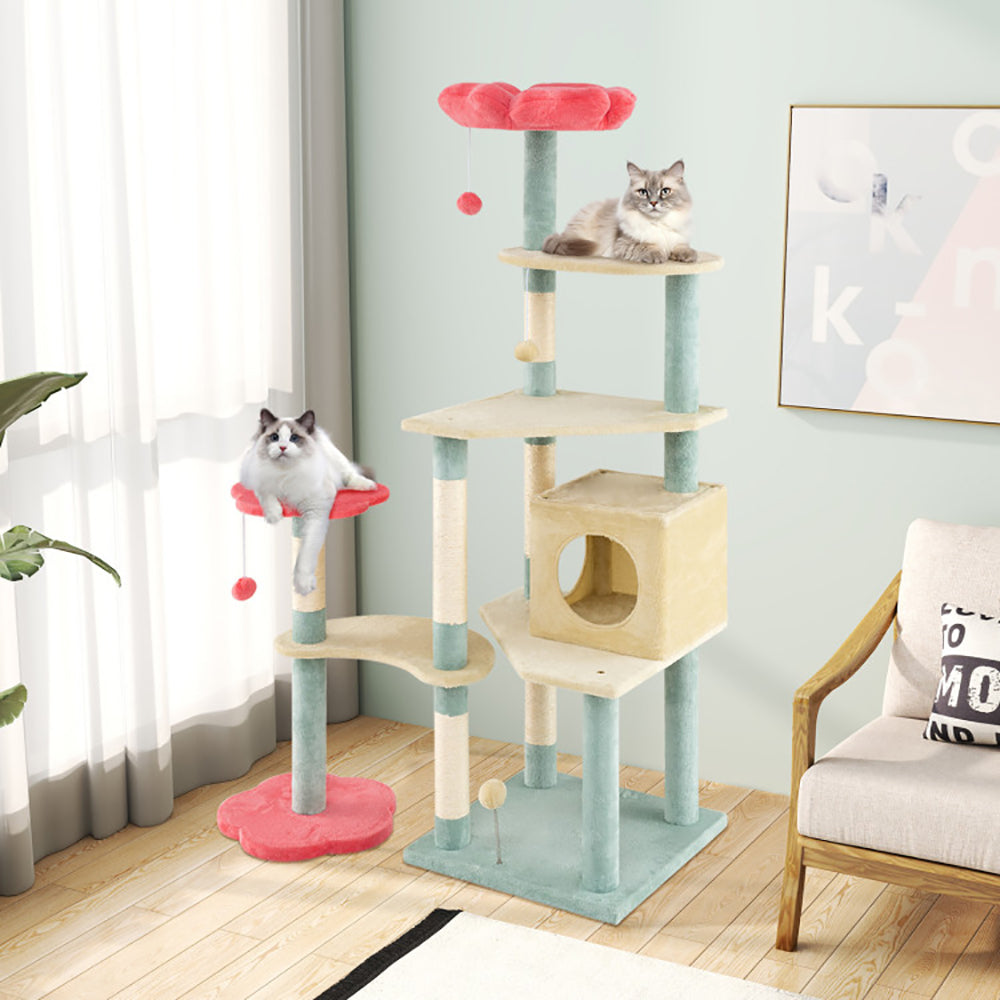 US Local 61 Inch Multi-Level Aesthetic Floral Kitten Tower With Flower-Shaped Padded Perch