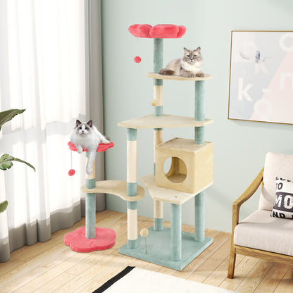 US Local 61 Inch Multi-Level Aesthetic Floral Kitten Tower With Flower-Shaped Padded Perch