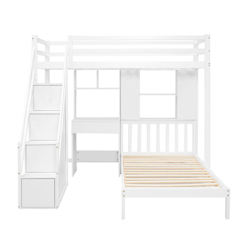 UK Local Wood House Bunk Bed 90x190 Cm,Bunk Bed, Double Bed, Multifunctional Children's Bed, Storage Space Function, With Desk And Shelves, With Slatted Frame, White