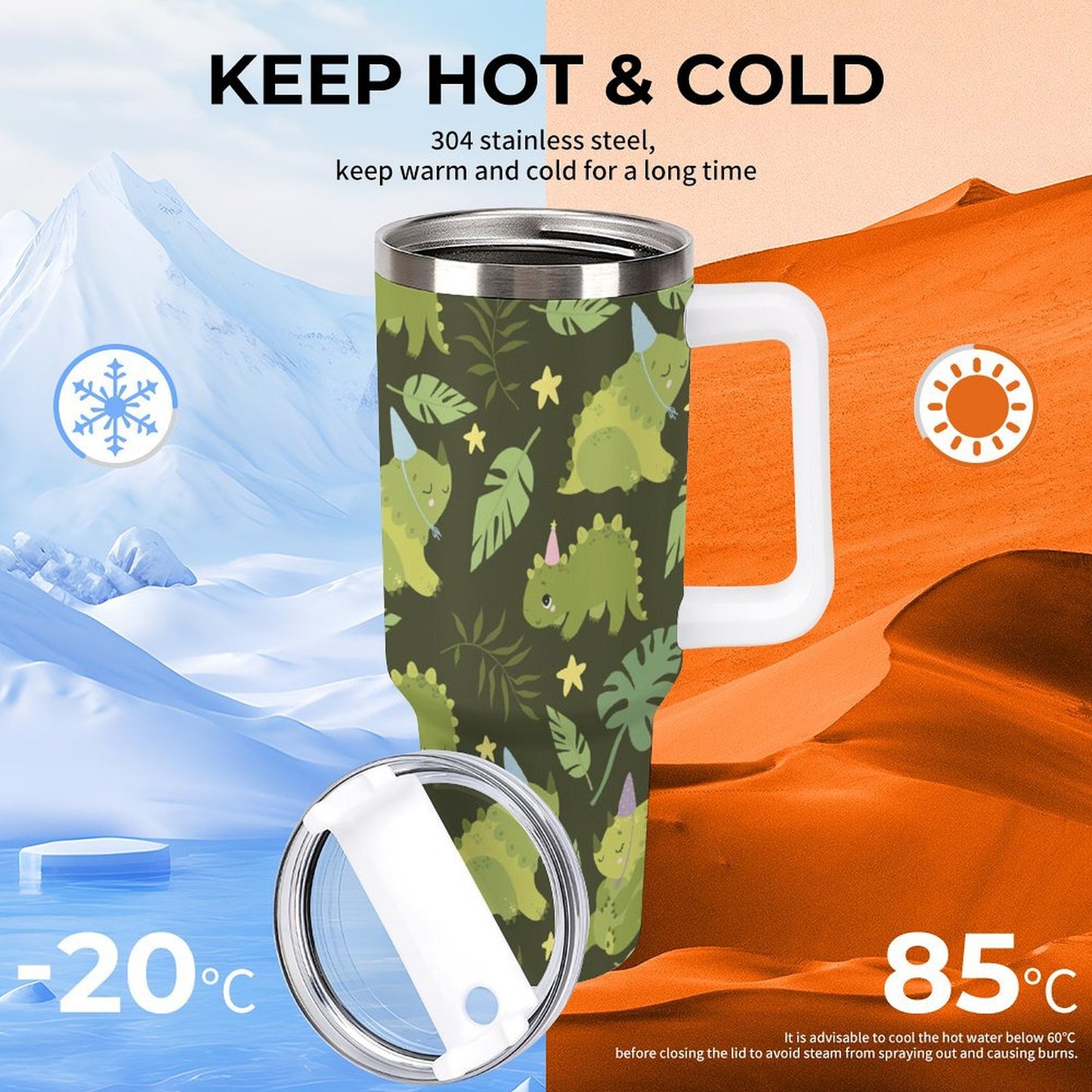 PHDT00542 POD US Local Tumbler 40oz Large Capacity Car Cup Green, Dinosaur