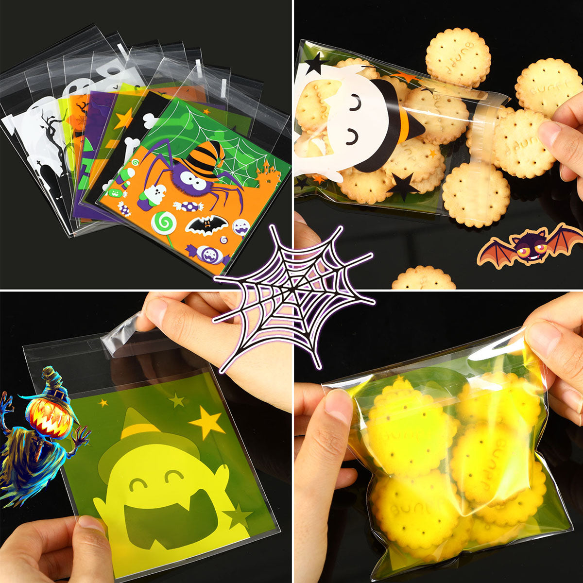 US Local 450 Pcs Halloween Cellophane Treat Bags Self-sealing Clear Candy Cookie Bags Pumpkin Ghost Black Cat Skull Trick Or Treat Bags For Halloween Birthday Trick Or Treat Party Favors Supplies