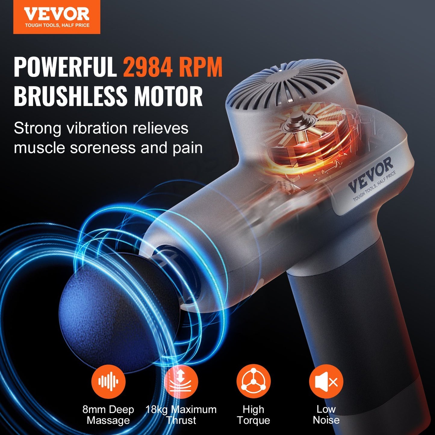 US Local VEVOR Massage Gun Deep Tissue, Percussion Muscle Massager For Athletes - With 5 Speed Levels & 6 Massage Heads, 7.4V 2500mAh Batteries, Handheld Electric Massage Gun For Pain Relief, Muscle Relaxation