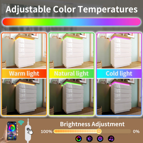 UK Local Chest Of Drawers,High-gloss Sideboard Cabinet With 6 Drawers,Storage With RGB LED App-controlled,Multi-purpose Cabinet For Living Room And Bedroom, 115 X 73 X 39 Cm, White