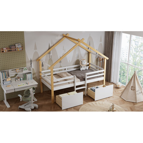 UK Local Wooden Bed, Children S Bed, 3ft Single Bed 90x190cm, MDF  Pinewood  Plywood, Safety Guardrail, Two Storage Drawers With Wheels,Roof Shape, White  Natural
