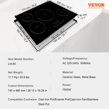US Local Electric Cooktop, 4 Burners, 30 Induction Stove Top, Built-in Magnetic Cooktop 7500W, 9 Heating Level Multifunctional Burner, LED Touch Screen With Child Lock Over-Temperature Protection