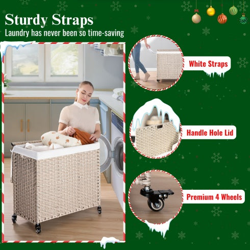 US Local Laundry Hamper With Lid PE Rattan Powder Coating Frame Clothes Hampers With 02 Removable Bags, Wheels, 160L, Gray Color