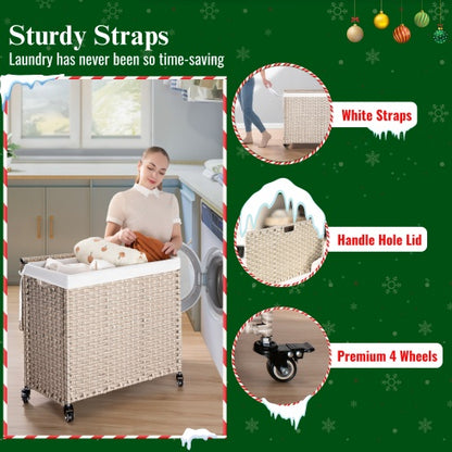 US Local Laundry Hamper With Lid PE Rattan Powder Coating Frame Clothes Hampers With 02 Removable Bags, Wheels, 160L, Gray Color