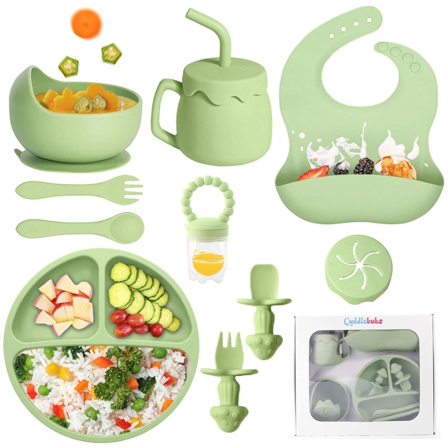 US Local SiIicone Baby Feeding Set With Suction, 10 Pcs Baby Led Weaning Supplies With Suction Bowl Divided Plate Adjustable Soft Bib Spoon Fork Snack Cup With Lid And Other Utensils, Green
