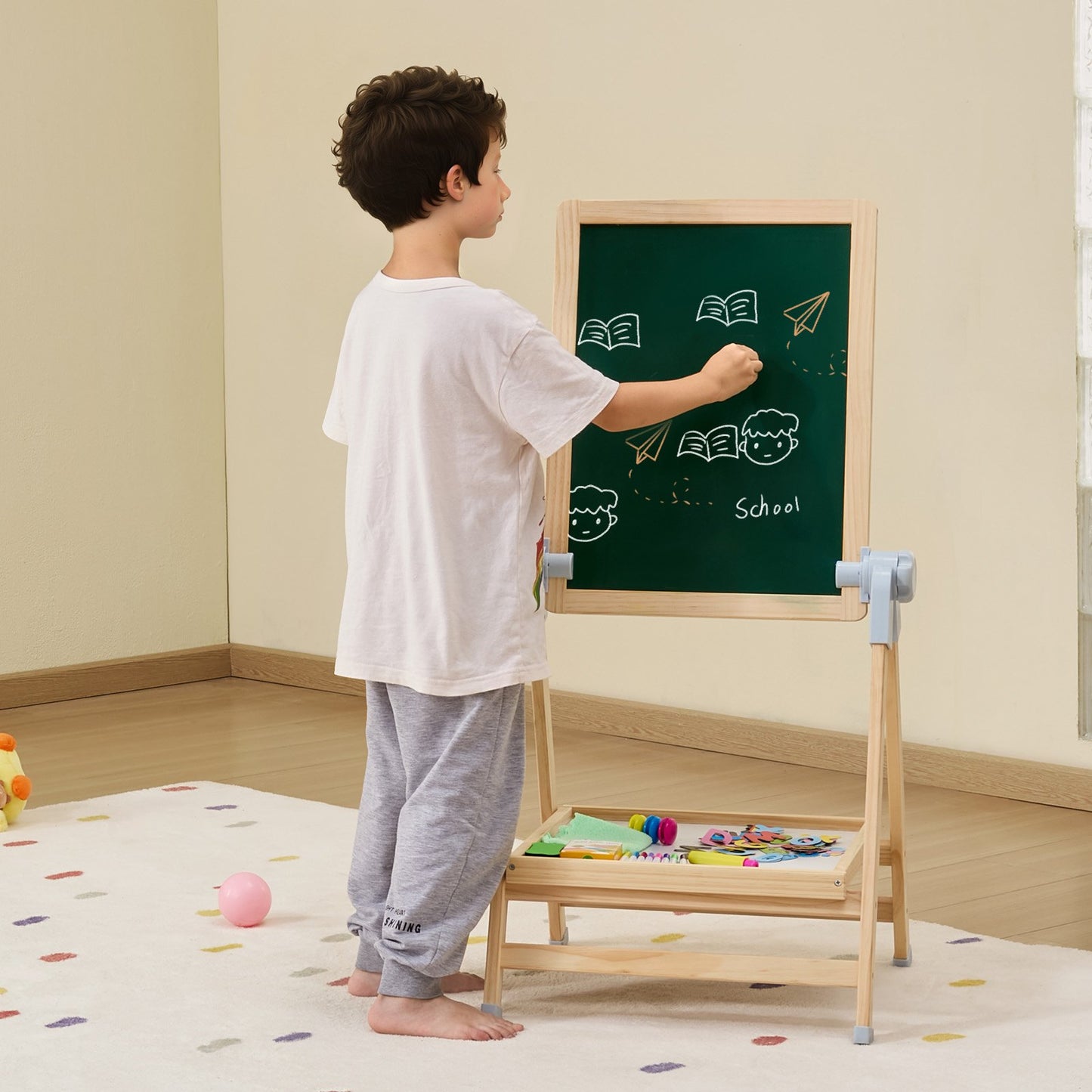 US Local 2-in-1 Kids Art Easel Double-Sided Wooden Magnetic Whiteboard Chalkboard