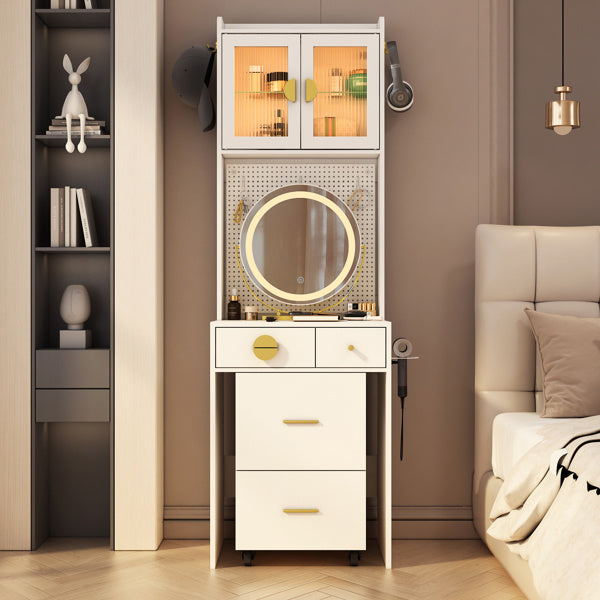 US Local 3 Draws 2 Doors 1LED3 Color Tone Light Touch Large Round Mirror Dressing Table Set