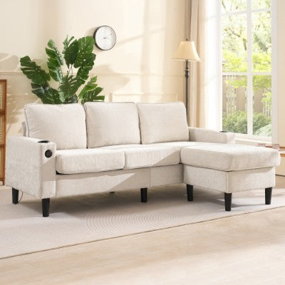UK Local L-Shaped Couch Sofa, Corner Sofa 3 Seater Sofa, Sectional Sofa Couches With USB, Cup Holder, For Apartment Living Room Beige