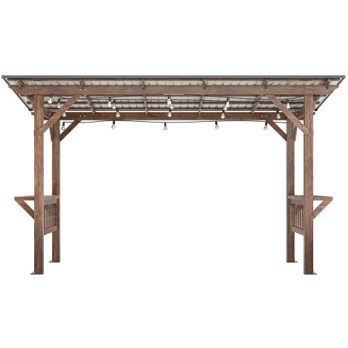 US Local 13' X 6.5' Wooden Pergola Grill Gazebo With Metal Roof & Bulbs & Bar Counters