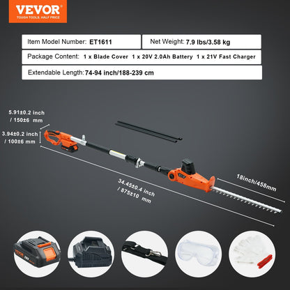US Local VEVOR 20V Cordless Hedge Trimmer, 18 Inch Double-edged Steel Blade, Pole Hedge Trimmer Kit 20V Battery, Fast Charger Included, Telescoping Design For High Branches