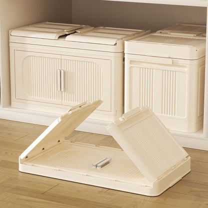 US Local Cream White,19.69 Side Wide Folding Storage Cabinet ,4 Tiers,19.69x11.81x40.55,Collapsible Storage Bins With Magnetic Door, Plastic Storage Cabinet With Wheels