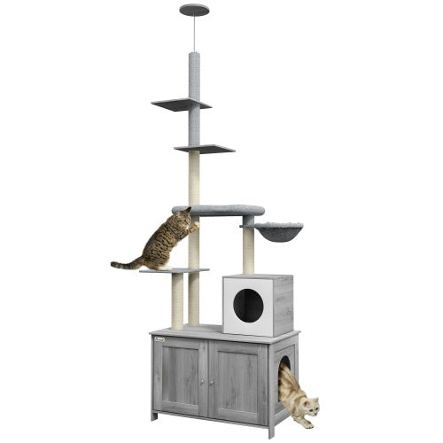 US Local PawHut Cat Tree With Litter Box Enclosure, 2 In 1 Floor To Ceiling Cat Tower Litter Box Furniture With Condo, Bed, Hammock, Scratching Posts, And Platforms For Indoor Use, Gray