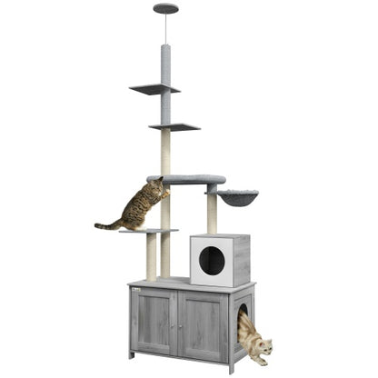 US Local PawHut Cat Tree With Litter Box Enclosure, 2 In 1 Floor To Ceiling Cat Tower Litter Box Furniture With Condo, Bed, Hammock, Scratching Posts, And Platforms For Indoor Use, Gray
